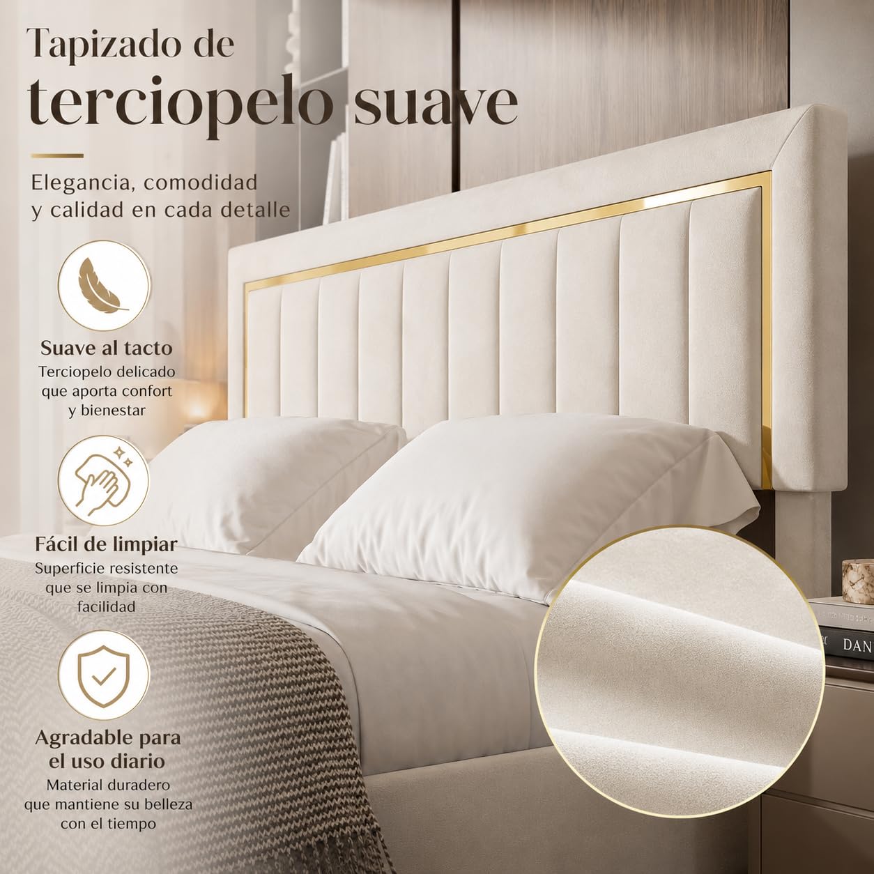 Cama de Matrimonio 140x200 cm con Canapé Abatible, Cama Tapizada de Terciopelo con Gran Espacio de Almacenamiento, Cabecero y Pie de Cama Acolchados, sin Colchón, Beige