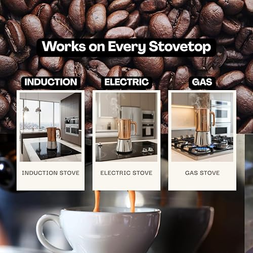Miniatura 2 de FIAMMA & FERRO Máquina de café expreso para estufa, 12 tazas (20z), acero inoxidable de alta calidad con acabado PVD de cobre, compatible con