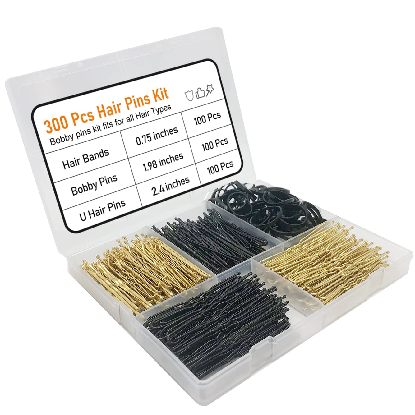 300 Pcs Hair Pins Kit, Including 100 Pcs Bobby Pins, 100 Pcs U Hair Pins, 100 Black Rubber Hair Bands, Hair Pin for Girls and Women, Great for All Hair Types (Black, Gold) : Beauty & Personal Care