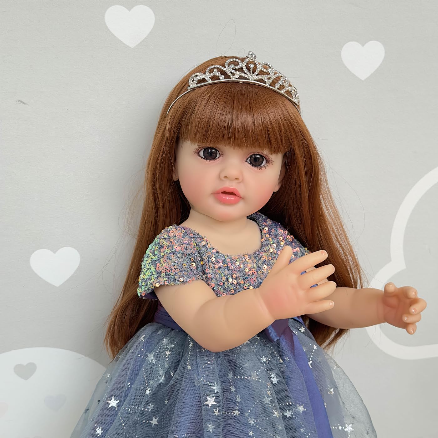Wamdoll 22Inches Long Brown Hair Real Life Reborn Baby Dolls Crafted in Vinyl Full Body Realistic Newborn Princess Toddler Girl Doll Lifelike Anatomically Correct