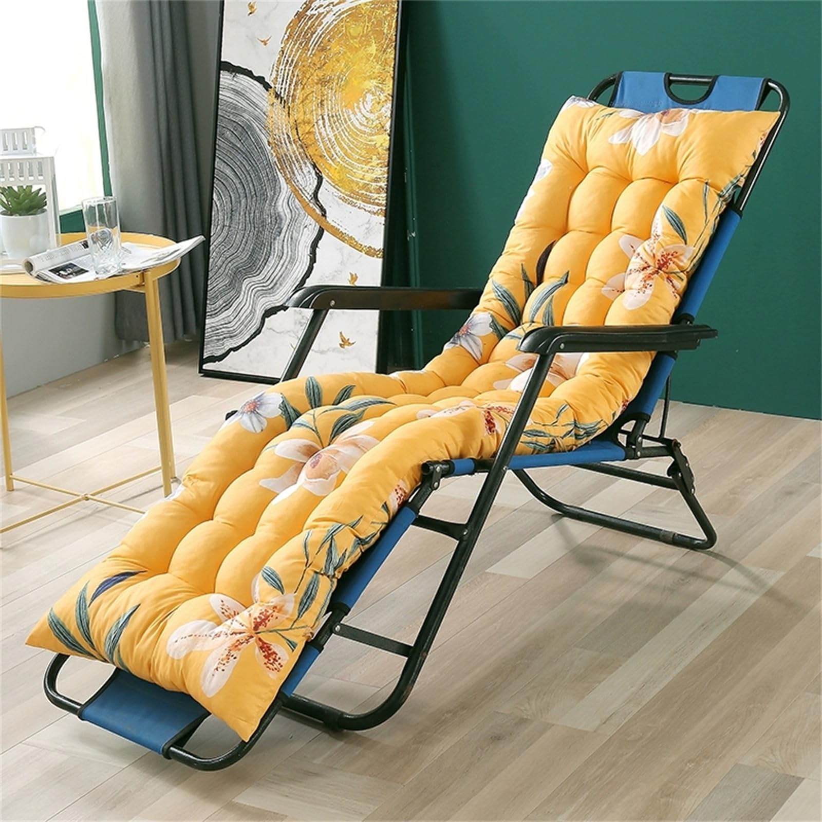 DOTBUY-SHOP Plant Flower Print Sun Lounger Cushion, Thicken Garden Chair Cushions, Anti-Slip Seat Pads with Straps, for Indoor Outdoor Patio Yard Garden Furniture Chair Pads (Yellow,48x170cm)