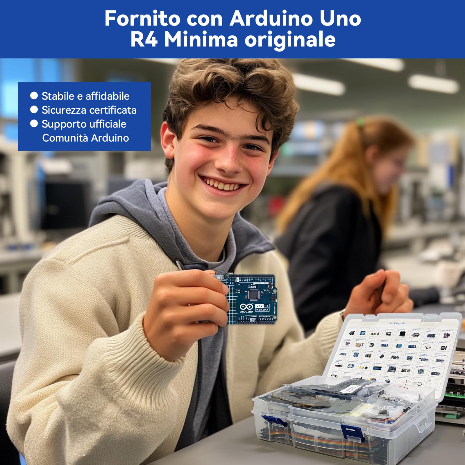 SunFounder Ultimate Sensor Kit con Arduino Uno R4 Minima originale, conforme a RoHS, sensori durevoli IoT ESP8266 IIC LCD1602 OLED, tutorial online e video corsi per principianti e ingegneri