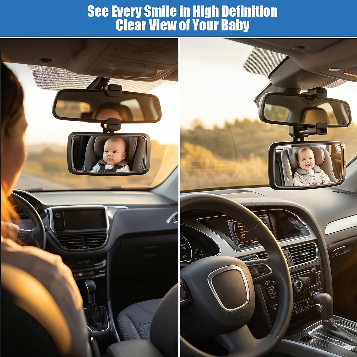Clip On Baby Car Mirror, 360° Adjustable Wide Angle Backseat View for Observing Kids, High Definition Glass Rear Facing Infant Mirror, Clips Onto Rearview, Universal Accessory for Cars SUV Truck