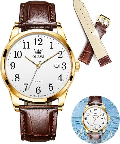Miniatura 11 de OLEVS Reloj para hombre, relojes para hombre, correa de cuero, reloj clásico de cuero marrón, reloj analógico, reloj de cuero negro para hombre
