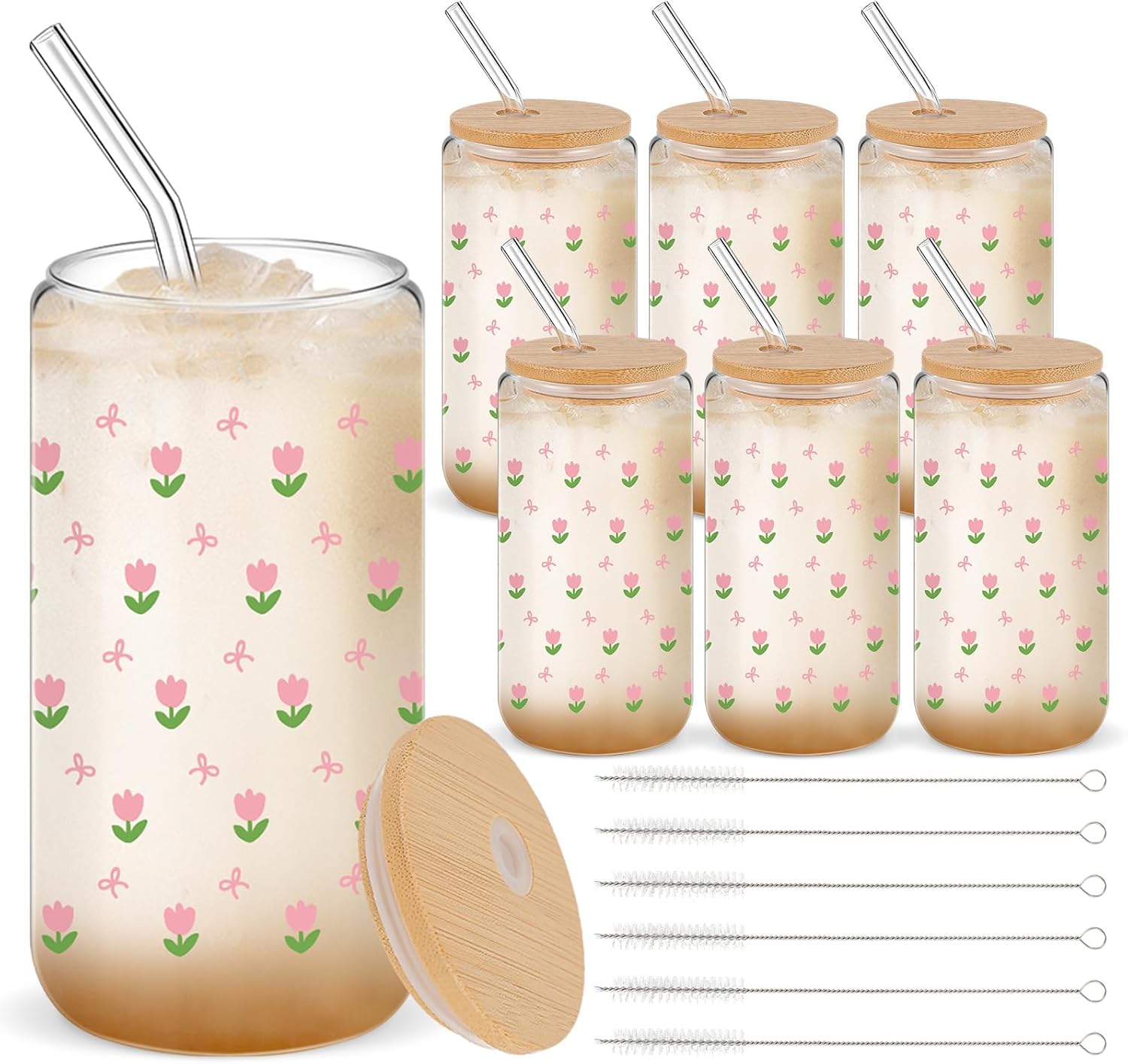 6 Sets 16oz Christmas Glass Cups with Lids and Straws, Beer Iced Coffee Drinking Glasses Cute Aesthetic Cup with Lid Straw and Cleaning Brush for Gifts(Pink Tulip)