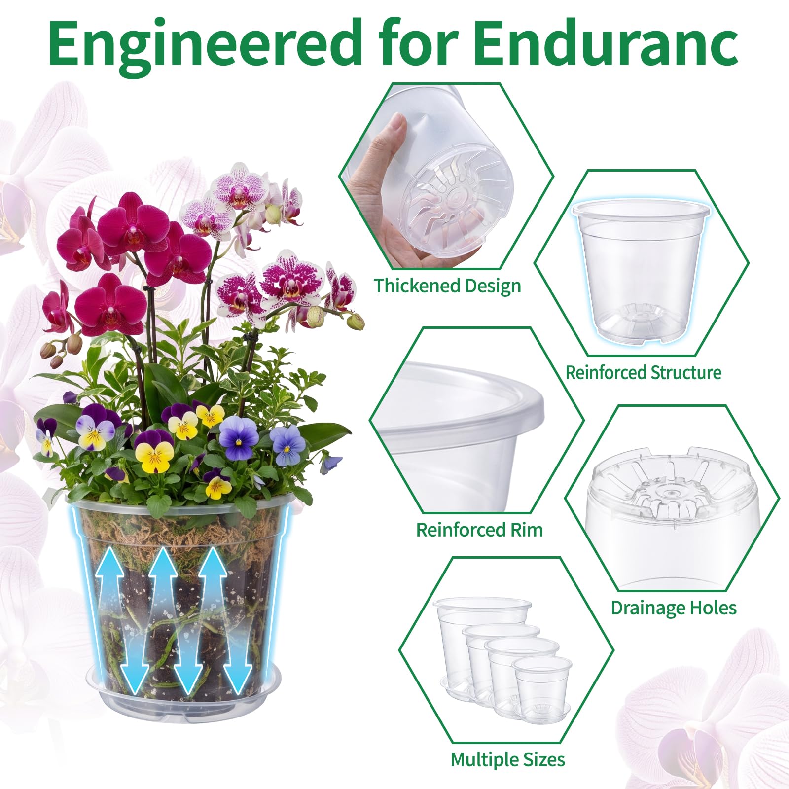 KATIMI Lot de 15 pots à orchidées avec drainage, 11 cm/15 cm/17 cm/21 cm, pots de fleurs transparents épais avec drainage, pots de fleurs en plastique transparent, pots à orchidées durables pour