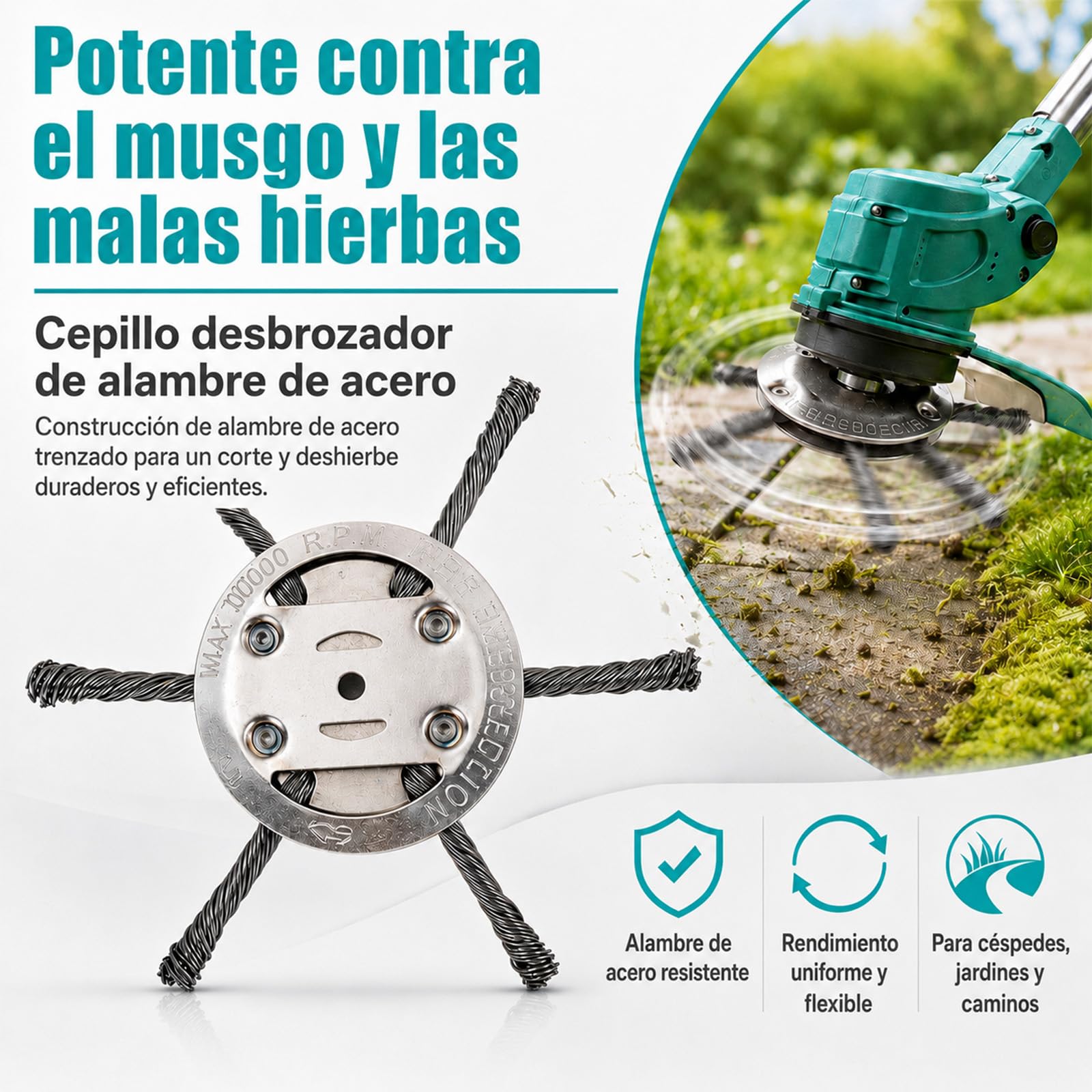 Vultriox para Desbrozadora Cabezal de Alambre de Acero 150 mm, Cepillo Quitahierbas para Desbrozadora y Cortabordes, Césped, Musgo, Maleza, Bordes y Juntas (1, 6 Brazos)