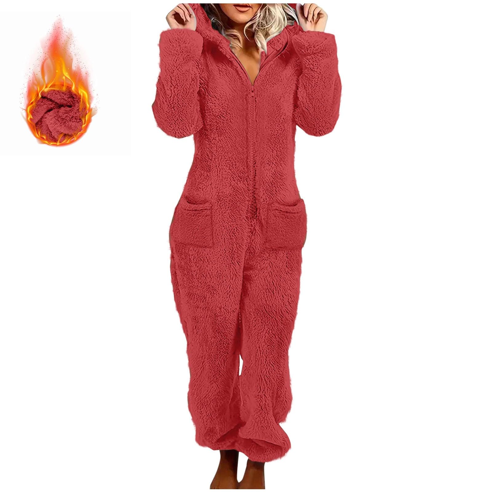 Mono esponjoso para mujer, pijama de forro polar con capucha y bolsillos