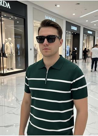 Erkek Polo Yaka  izgili Triko Ti rt Yar m Fermuarl  K sa Kollu G nl k  k  st Ye il-Beyaz L