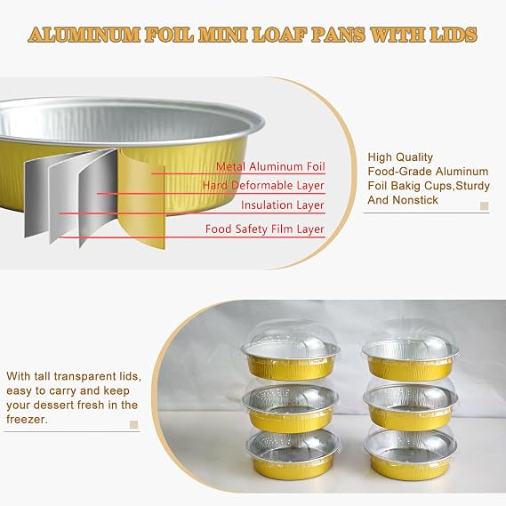 Mini Cake Pans With Lids And Spoons, Baking Tins For Round Small Desserts 7 Oz Aluminum Foil Baking Pans Disposable Ramekins Individual Cake Containers Holders For Tart Quiche Flan (50, Gold)