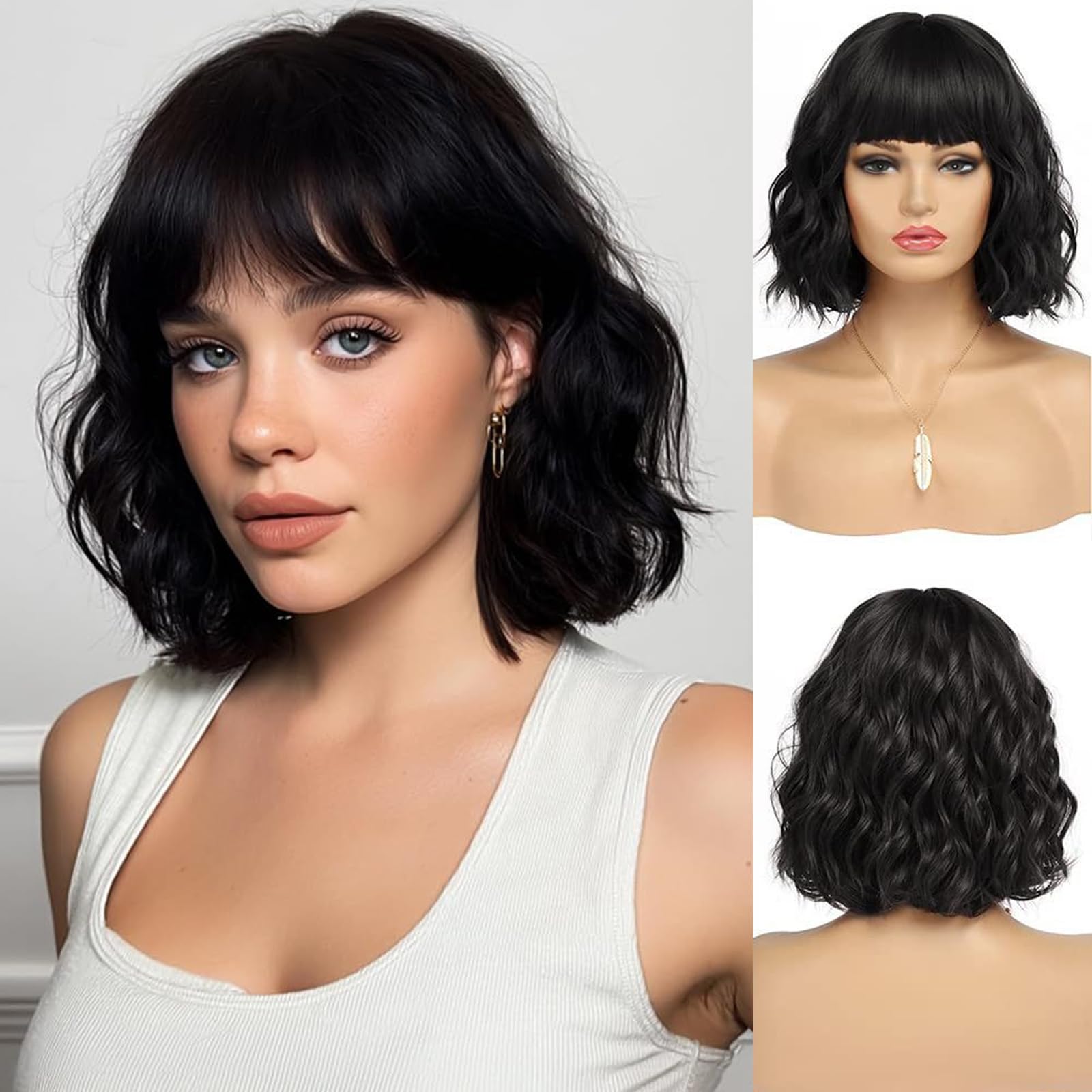 Parrucca corta ondulata nera con frangia Ondulata parrucca corta bob per donne Capelli sintetici e naturali ricci per uso quotidiano, feste, carnevale, cosplay
