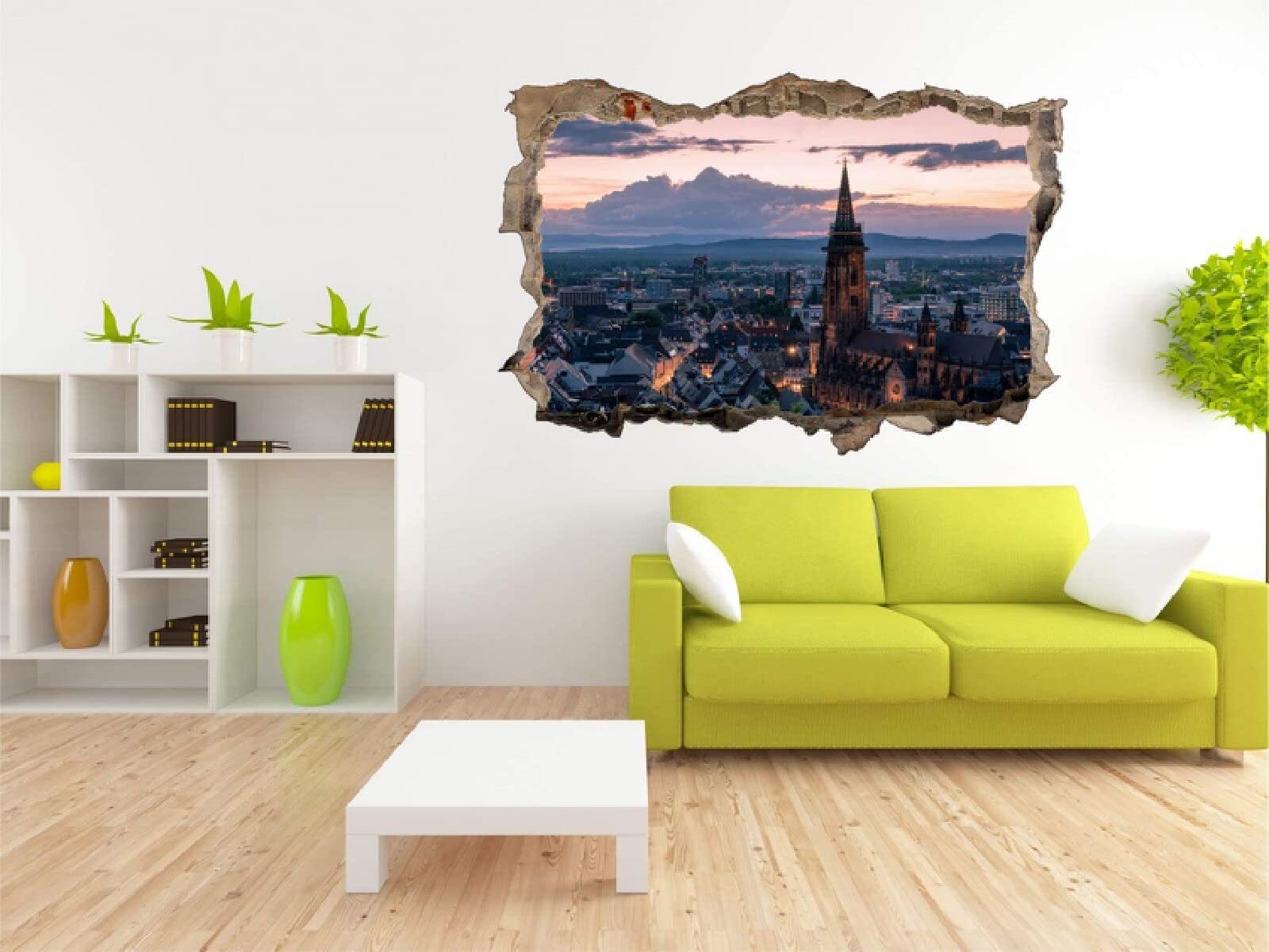 Sztuka ścienna naklejki 3D miasto panorama specjalny efekt widok na zewnątrz pęknięta ściana dekoracyjne usuwalne DIY winylowe naklejki ścienne salon, sypialnia mural 75 x 113 cm