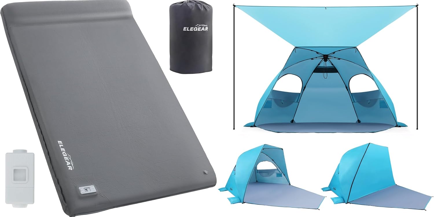 Elegear Self Inflating Sleeping Pad Built-in Electric Pump & Beach Tent with Canopy 4-6 Person Blue Bundle