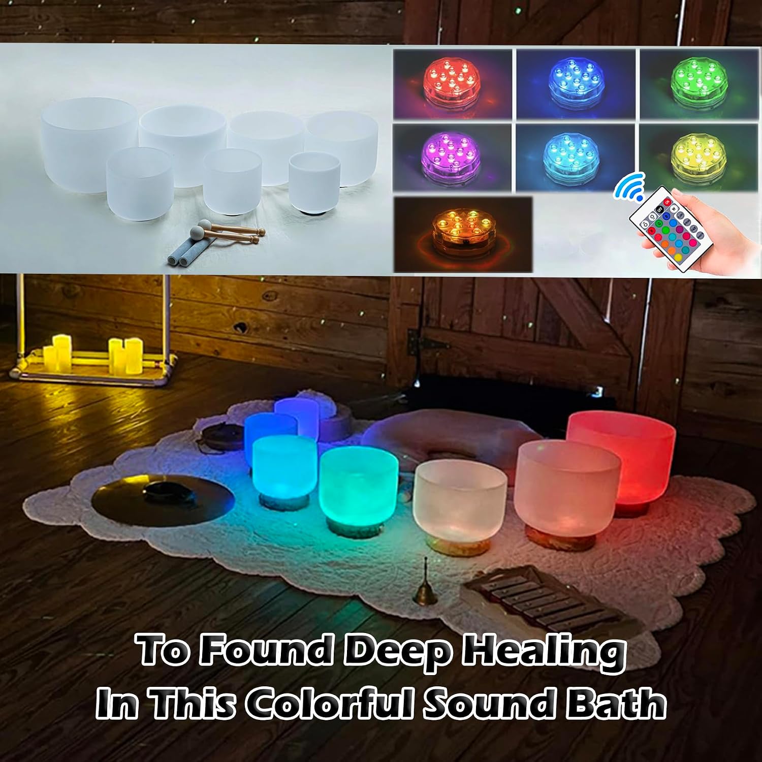 7-Pack LED Lights for Crystal Singing Bowl Set, (16 Color) RGB Multi-Color Changing Crystal Singing Bowl Lights with Remote Control, Waterproof Decorations for Holiday Party, Battery Operated