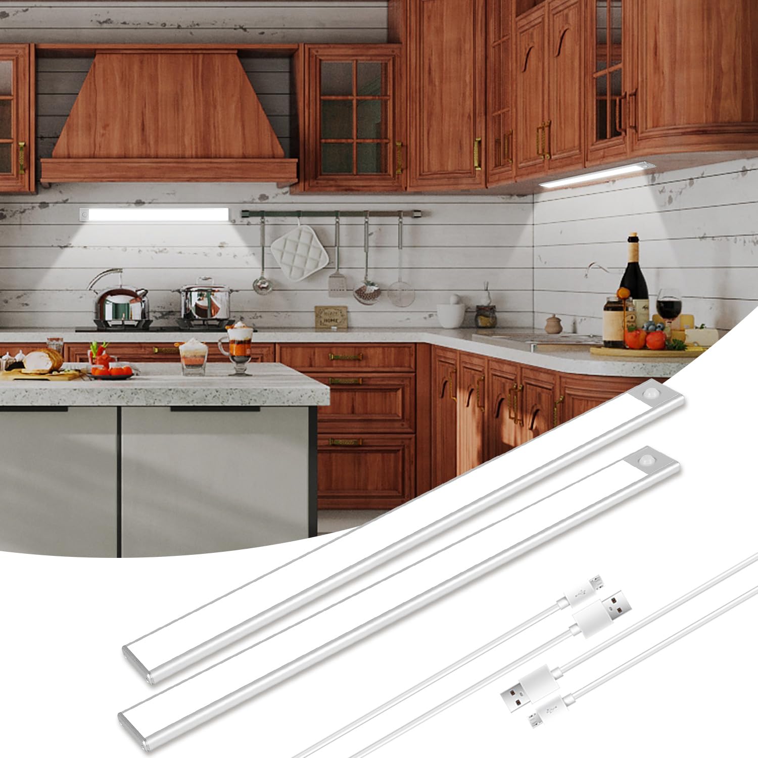 CANMEIJIA Under Cabinet Light 73 LED, Motion Sensor Closet Light USB Rechargeable, 40cm 6500K Clod White, Motion Sensing Function for Cupboard Closet Stairs Hallway Bedroom Kitchen 2 Pack