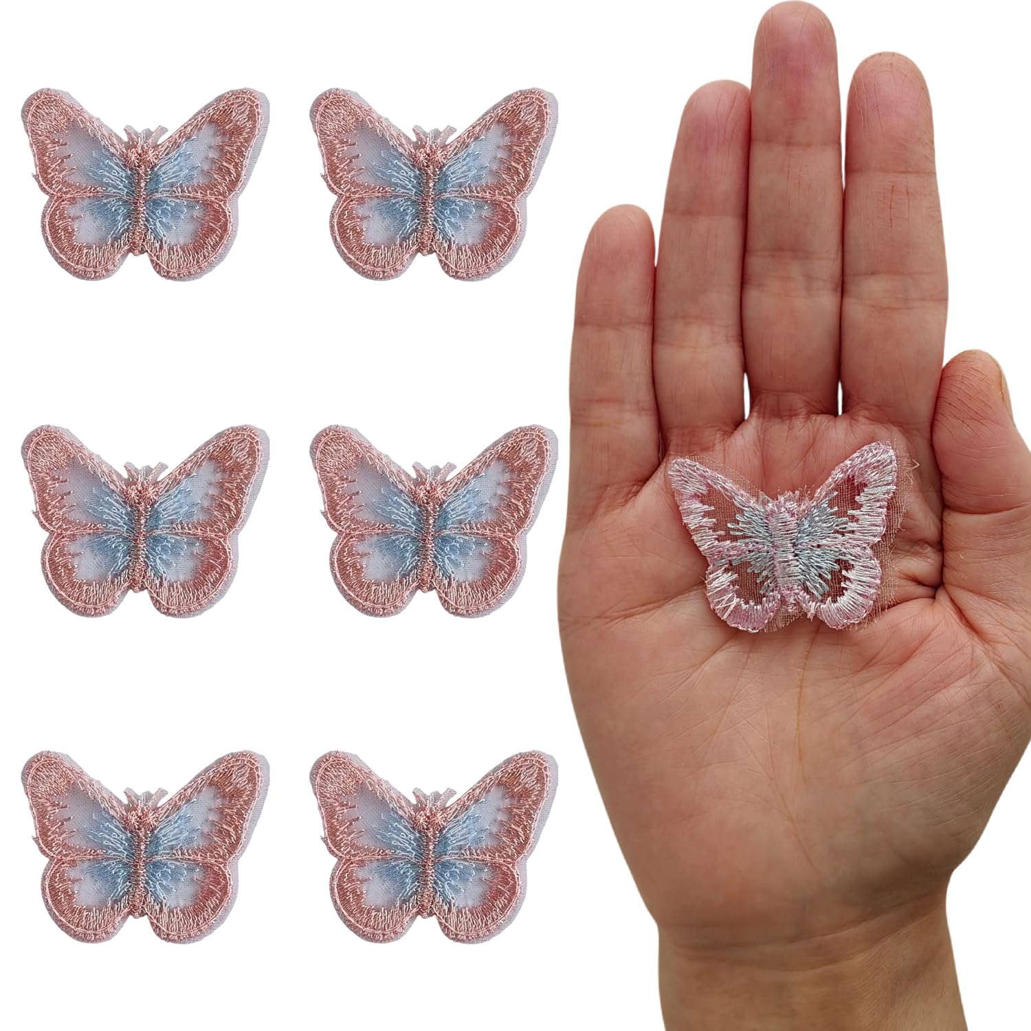 S.A.V.I 6 Pcs Sew-On Embroidered Butterfly Patches, Pink & Blue Threadwork on Sheer Mesh, 3.5 x 4.4 cm Decorative Appliqué for Clothes, Dresses, Blouses, DIY Craft & Tailoring (Pink-Blue)-image-3