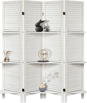 Room Divider with Shelves, Privacy Screen, Room Dividers and Folding Privacy Screens, 4 Panel Wood Temporary Wall Partition Separation Separator, White
