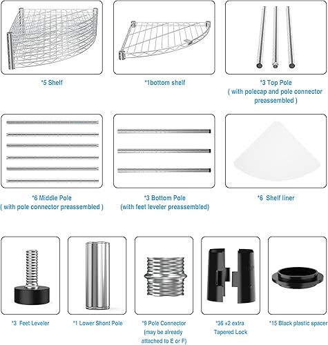 Miniatura 4 de NSF - Estantería esquinera de metal de 6 niveles, capacidad de 420 libras, ajustable, con pies niveladores y revestimientos impermeables para