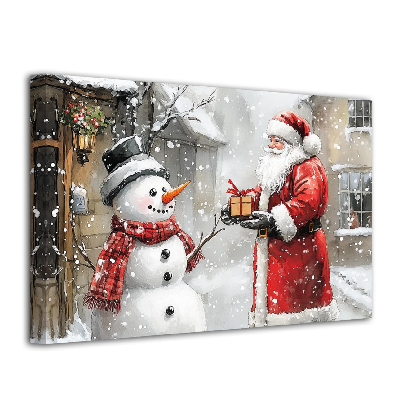 LZIMU Winter Christmas Canvas Wall Art Santa Claus Picture Wall Decor Santa and Snowman Poster Prints Xmas Theme Painting for Home Decor Framed (Beige, 16L x 20W)