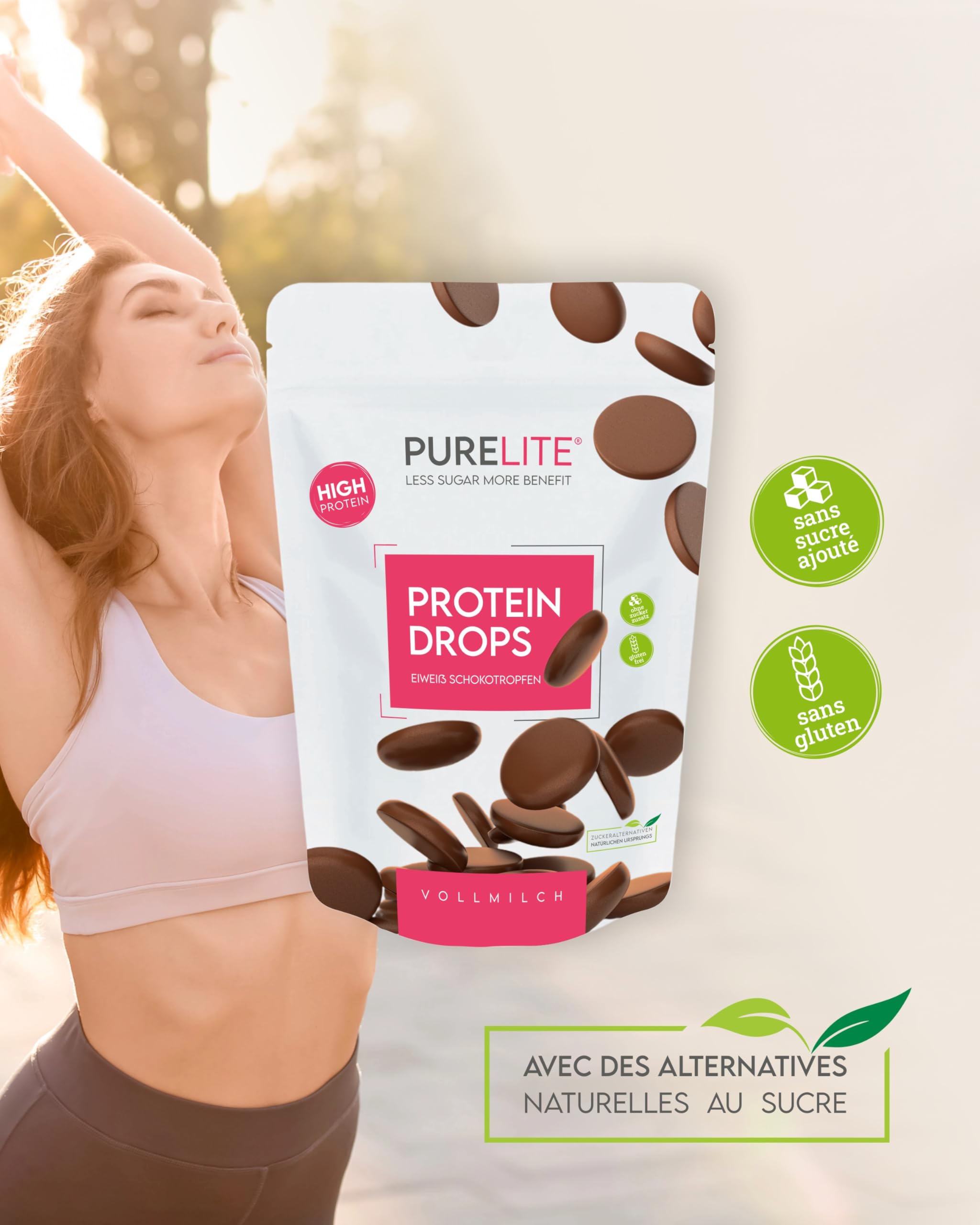 PURELITE Protein Drops au lait, végétarien, haute teneur en protéines 26g/100g, gouttes de chocolat sans sucre ajouté, érythritol, stévia, faible en calories, snack, cuisson, fonte, couverture, 450g