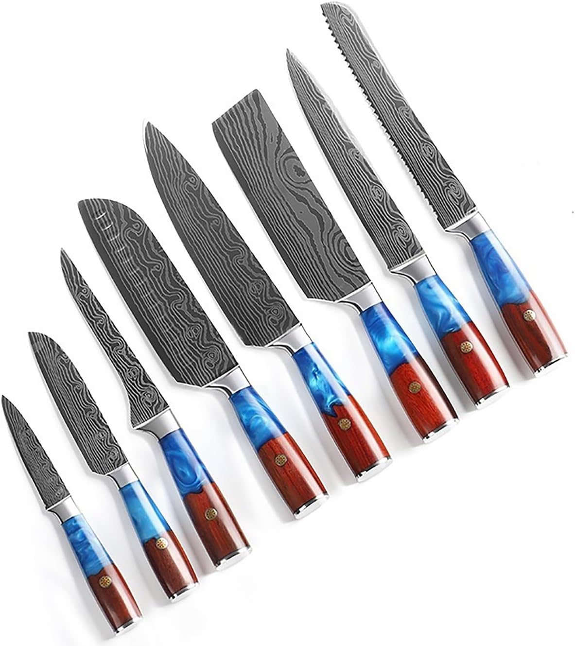 Set Cuchillos Cocina 8 Piezas Acero Inoxidable Patrón Damasco