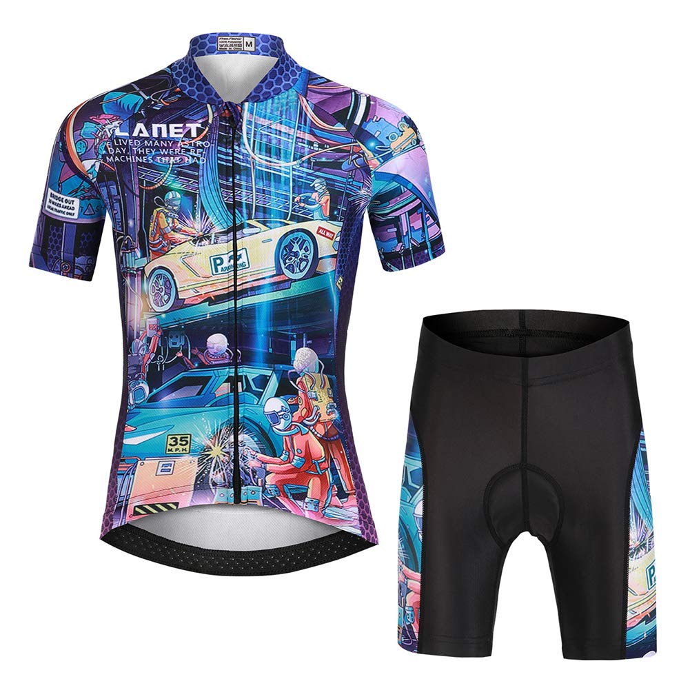 Kinder Jungen Radtrikot Set, Mädchen Radbekleidung Anzüge, Quick Dry Radsportanzug, Fahrradtrikot Kurzarm und 3D Sitzpolster Radhose, Rennwagen, 104/110(Herstellergröße: S)