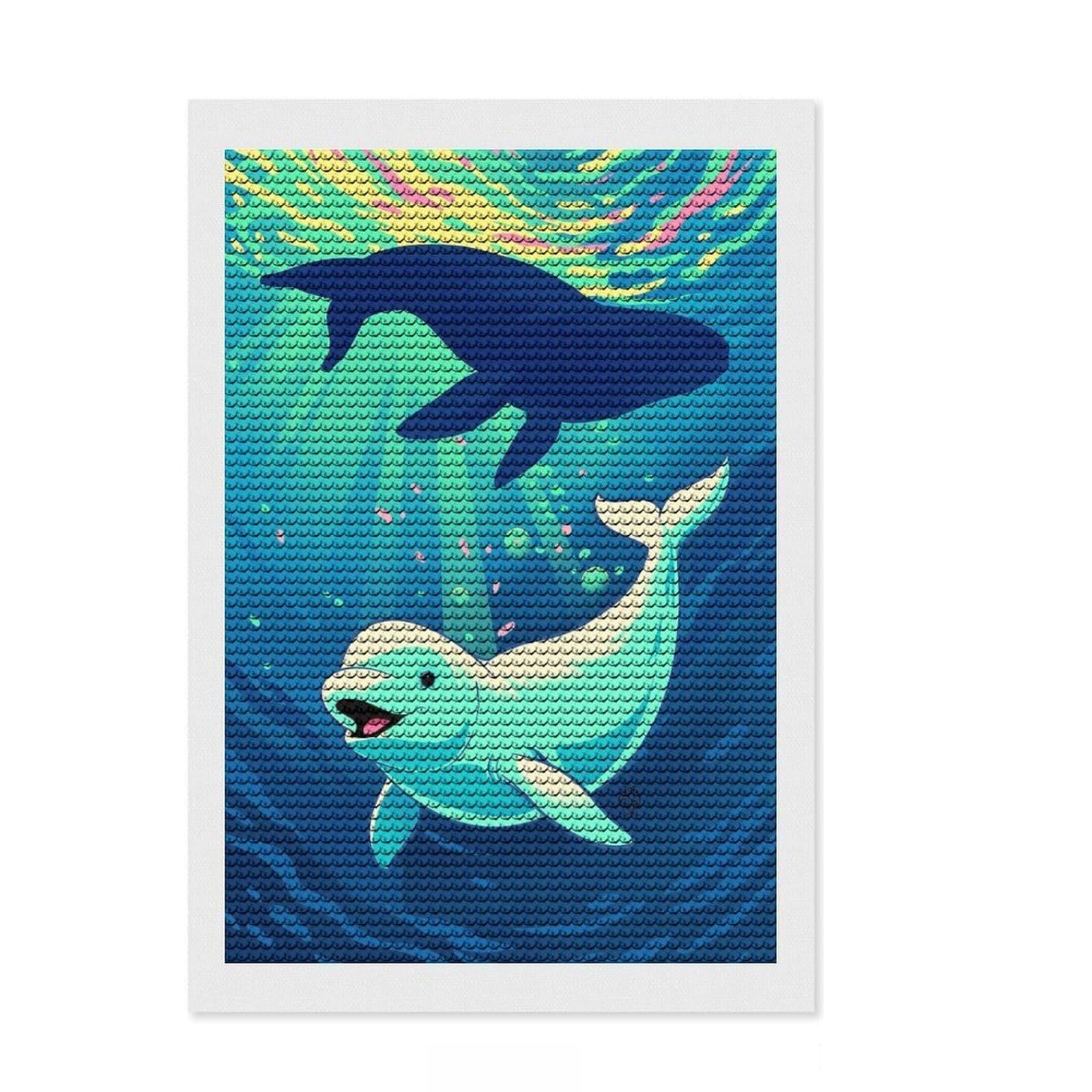 Junmoney Beluga & Whale, an Ocean Light Dance Full Drill Diamond Painting Kit 8"x12", Full Kit Included, Aesthetic Room Decor, for Family Craft Time