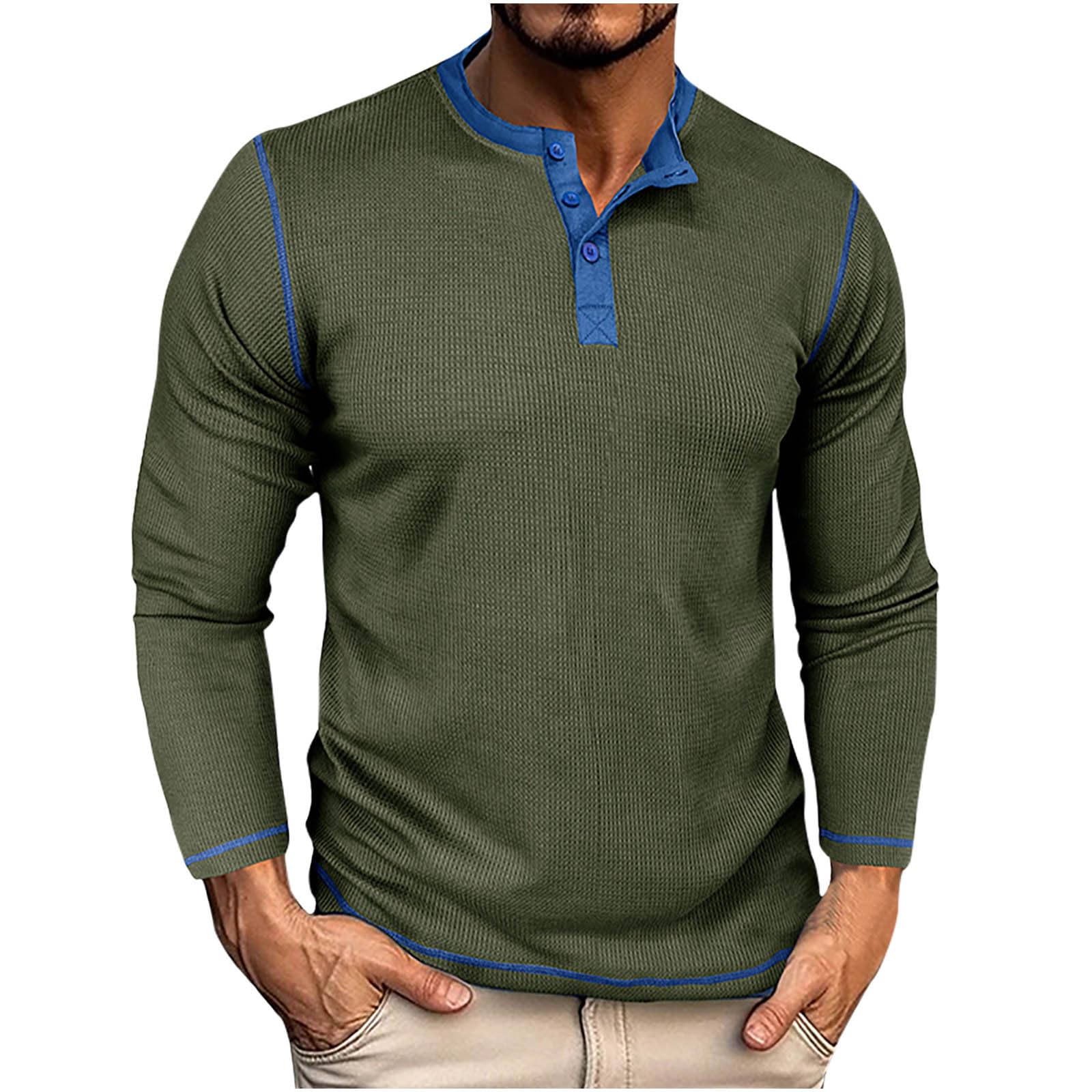 Men's Henley Shirt Long Sleeve Casual Lightweight Button Waffle Knit Basic T-Shirt Contrast Color Patchwork Tops