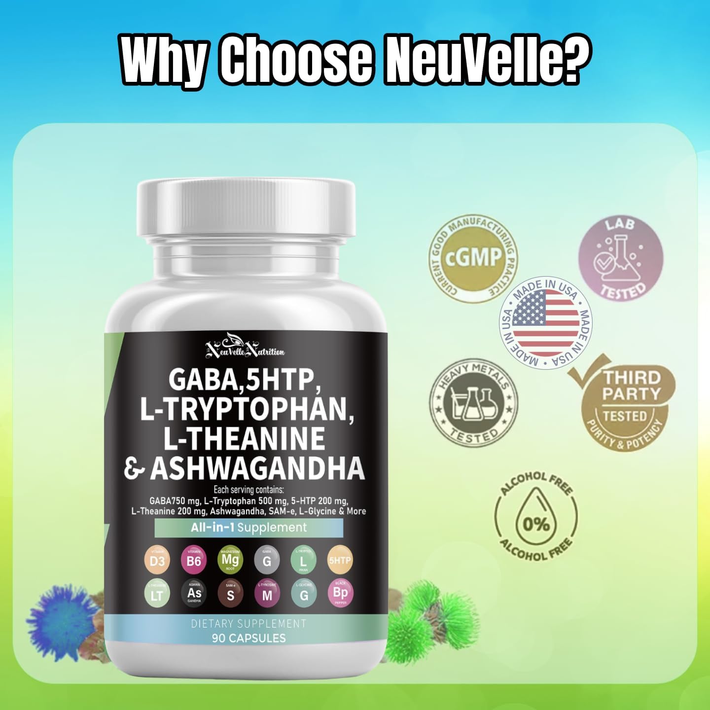 GABA Pills with 5-HTP Extract, L-Tryptophan, L-Theanine, Ashwagandha, Vitamins D3, B6, Magnesium, L-Tyrosine, L-Glycine, Sam-e & Black Pepper Mood Support Supplement
