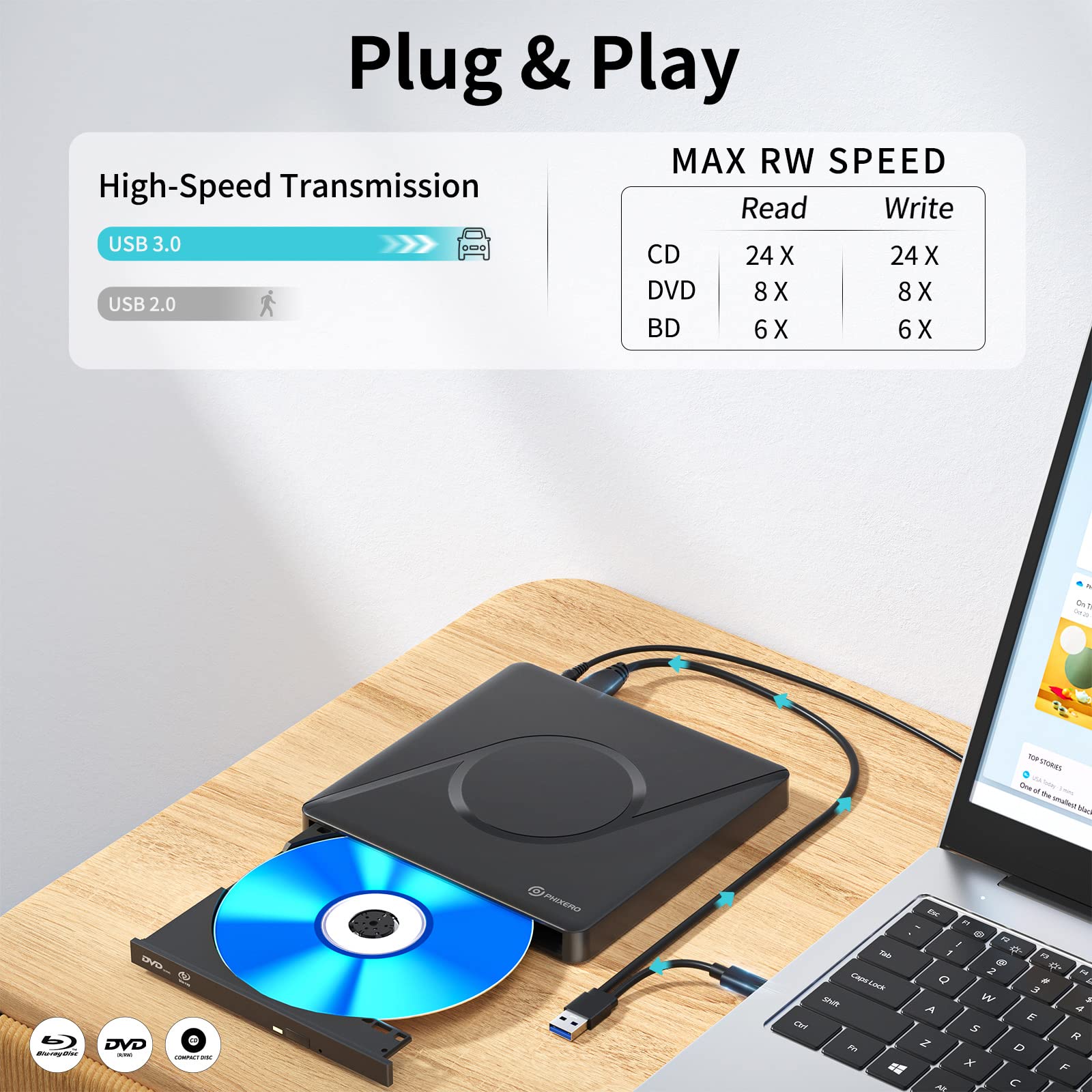 Amazon.com: PHIXERO External 3D Blu Ray DVD Drive Burner for