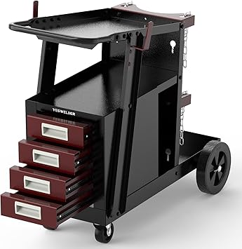 YESWELDER Welding Cart with 4 Drawers for MIG Welder TIG Welder and Plasma Cutter, Black&Red Version Heavy Duty Large Storage 360 Rolling Welding Trolley