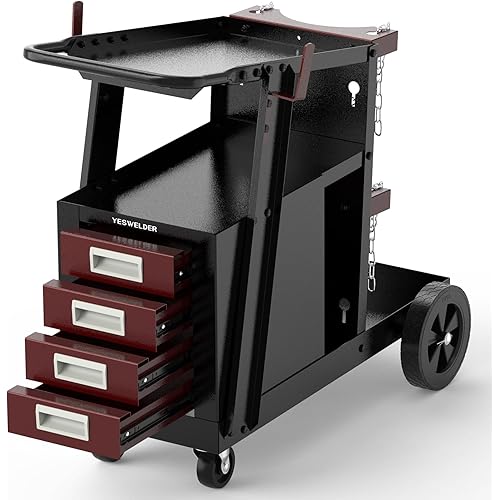YESWELDER Welding Cart with 4 Drawers for MIG Welder TIG Welder and Plasma Cutter, Black&Red Version Heavy Duty Large Storage 360° Rolling Welding Trolley