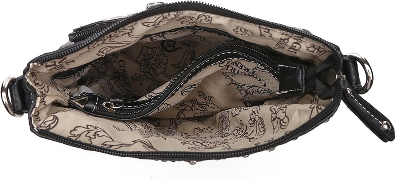 Western Style Metal Butterfly Rhinestone Studded Floral Tooled Leather Women Purse Crossbody Handbag Single Shoulder Bag