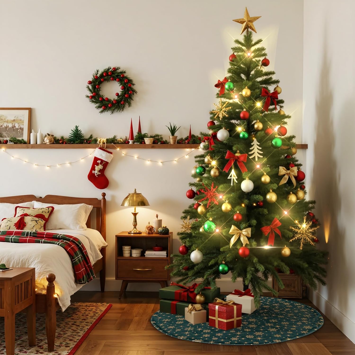 Lanpn Christmas Tree Skirt 48 inch, Velvet Xmas Tree Skirt with Snowflake Winter Christmas Tree Mat for Large Artificial Trees Winter Home Party Holiday Indoor Xmas Decorations (Green, 120cm)
