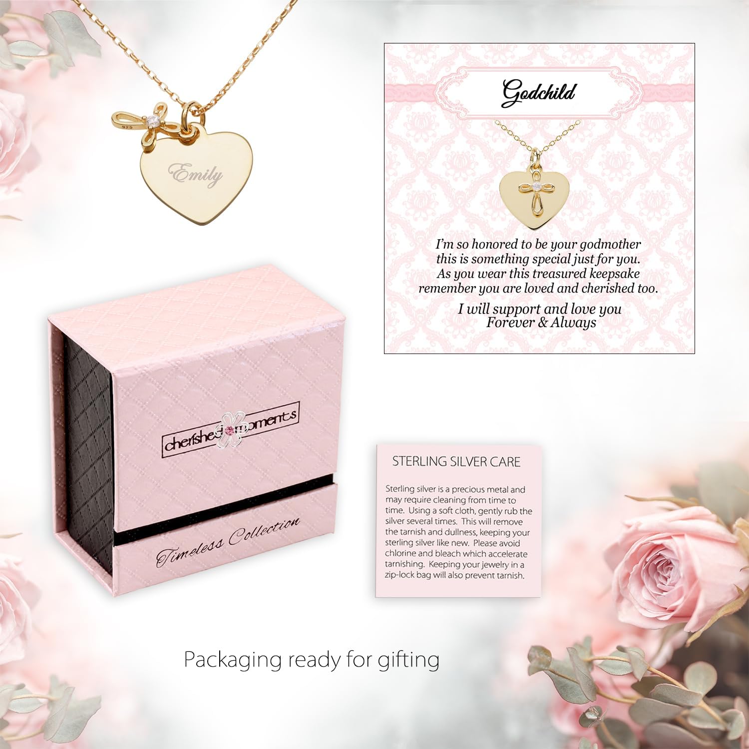 Cherished Moments .925 Sterling Silver and 14K Gold-Plated Cross Necklaces for Godchild Gift with Poem in Gift Box