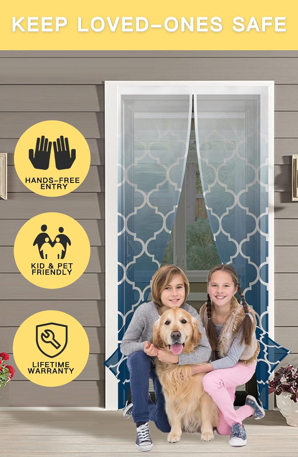 Magnetic Screen Door 38"x83", Morocco Patterned Screen Door Mesh Curtain with Magnet, Washable Mesh Door Screen for Sliding Door, Front Doors, Patio Door, Blue White Ombre
