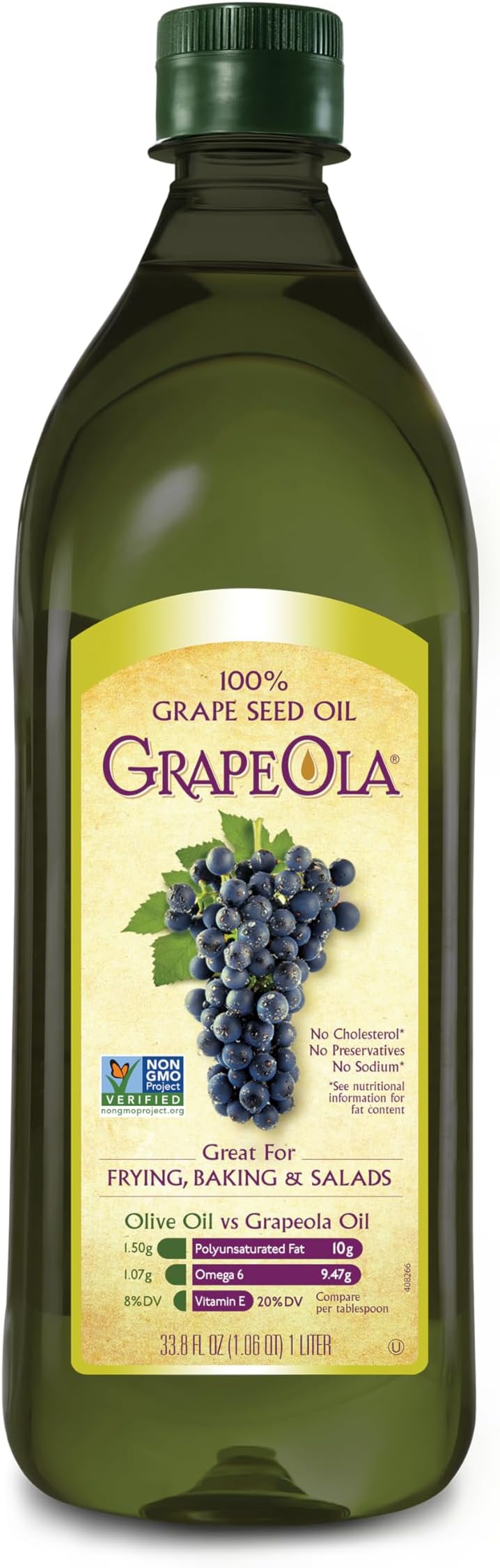 Kusha Grapeola, Grape Seed Oil, 1 Liter Glass Bottle (Pack of 4)