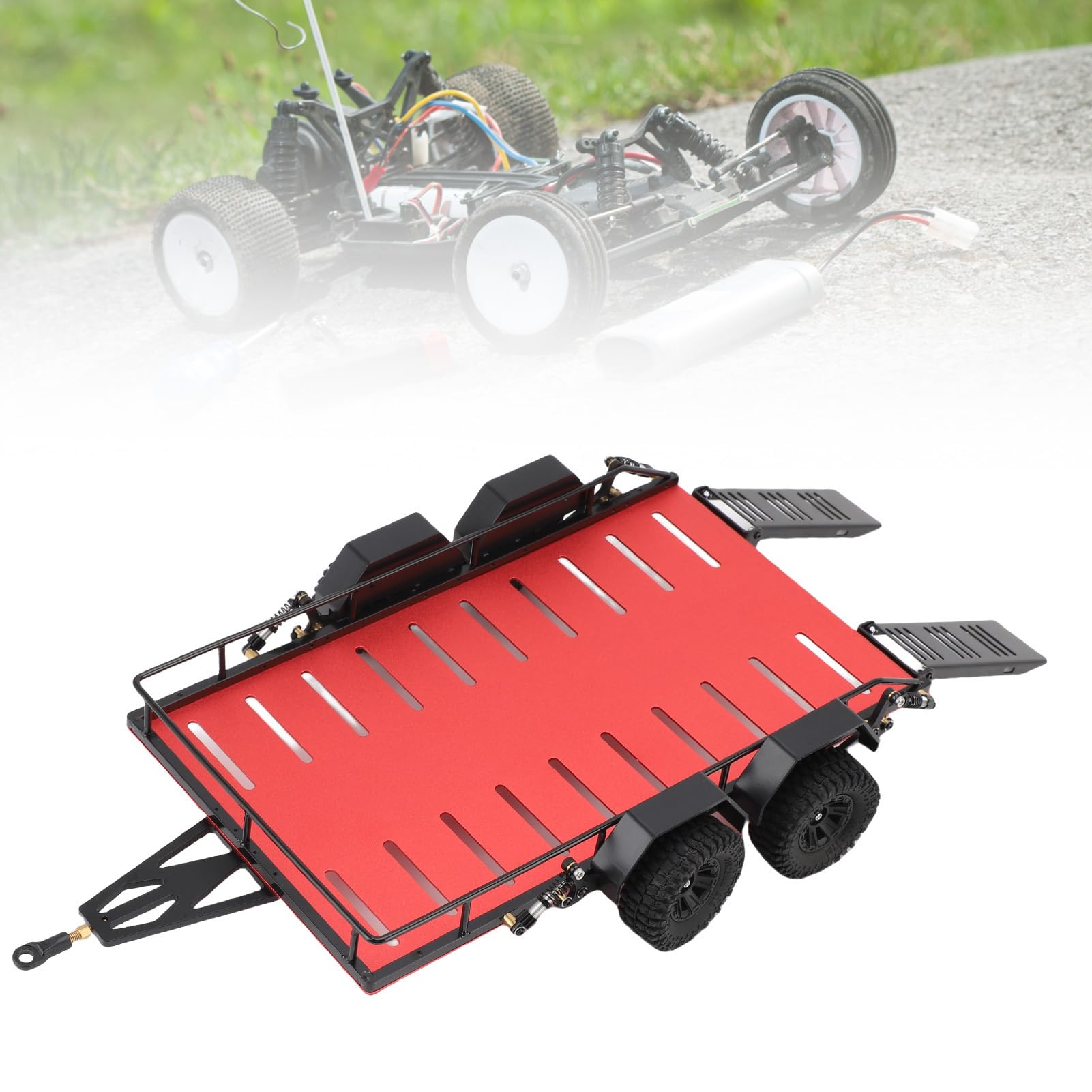 Przyczepa RC Przyczepa ze Zdalnym Sterowaniem ze Stopu Aluminium 1 18 4 Koła z Amortyzatorami Ukryta Rampa i Hak do Holowania Samochodu Terenowego RC (czerwony)