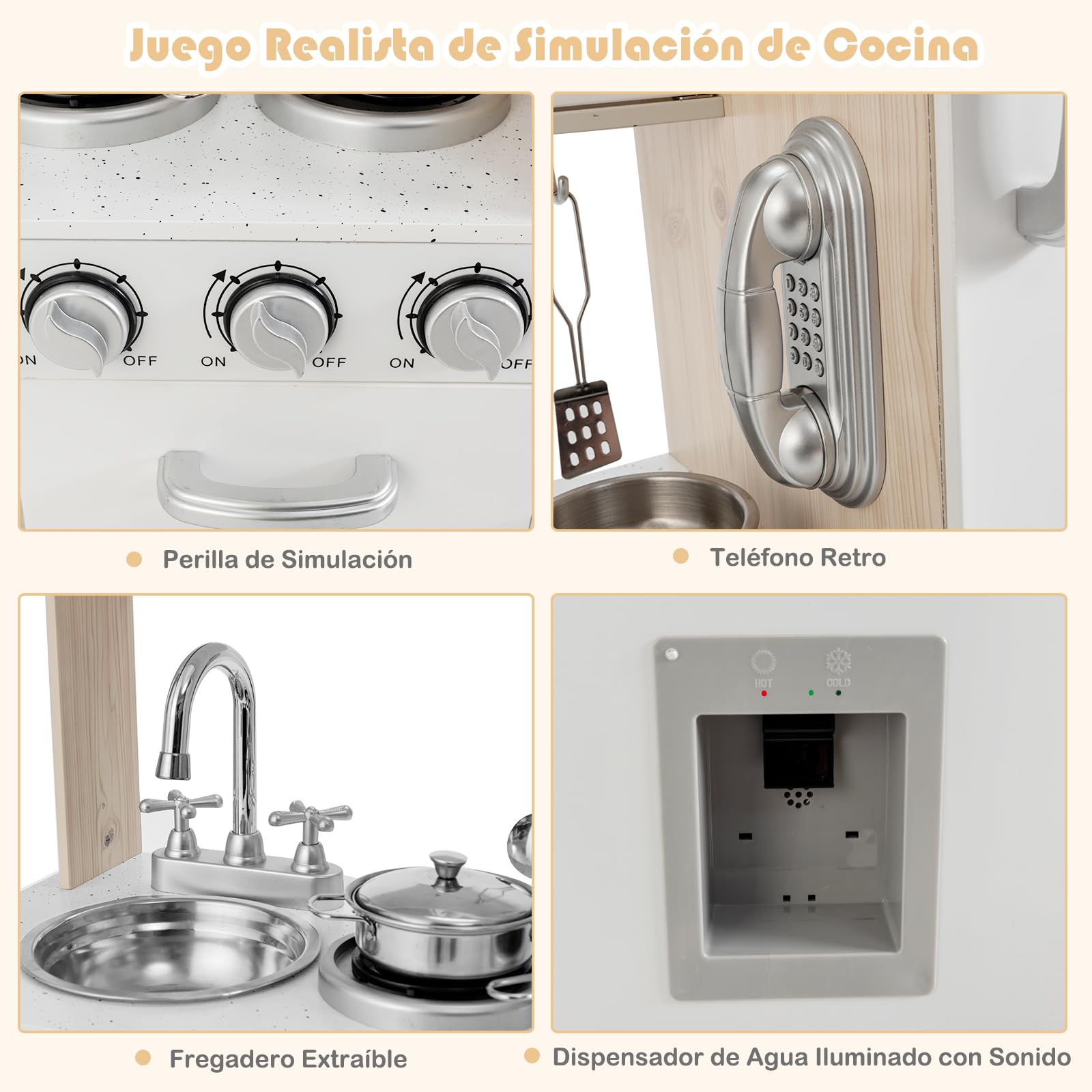 COSTWAY Cocina Juguete de Madera con Teléfono, Cocinita de Madera Infantil con Nevera, Microondas, Fregadero Desmontable, Dispensador de Agua con Luz y Sonido, Cocina Infantil para Niños (Natural)