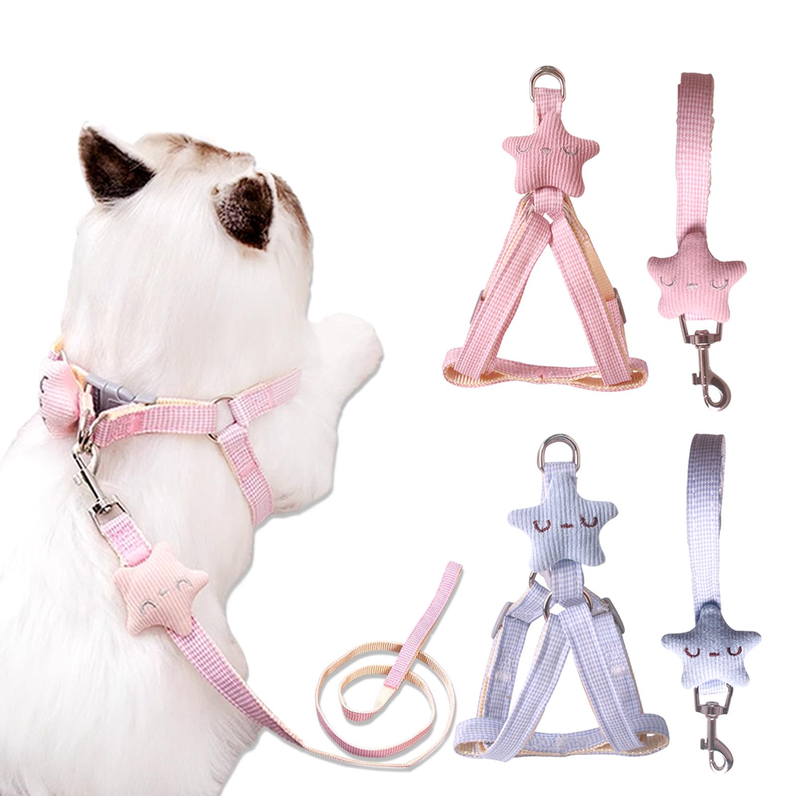 2 Pieces Cat Harness with Leash, Stars Leash for Cats, Pink Blue Cat Harness and Anti-Escape Leash for Cats, Small Dogs, Puppies, Walking and Traveling