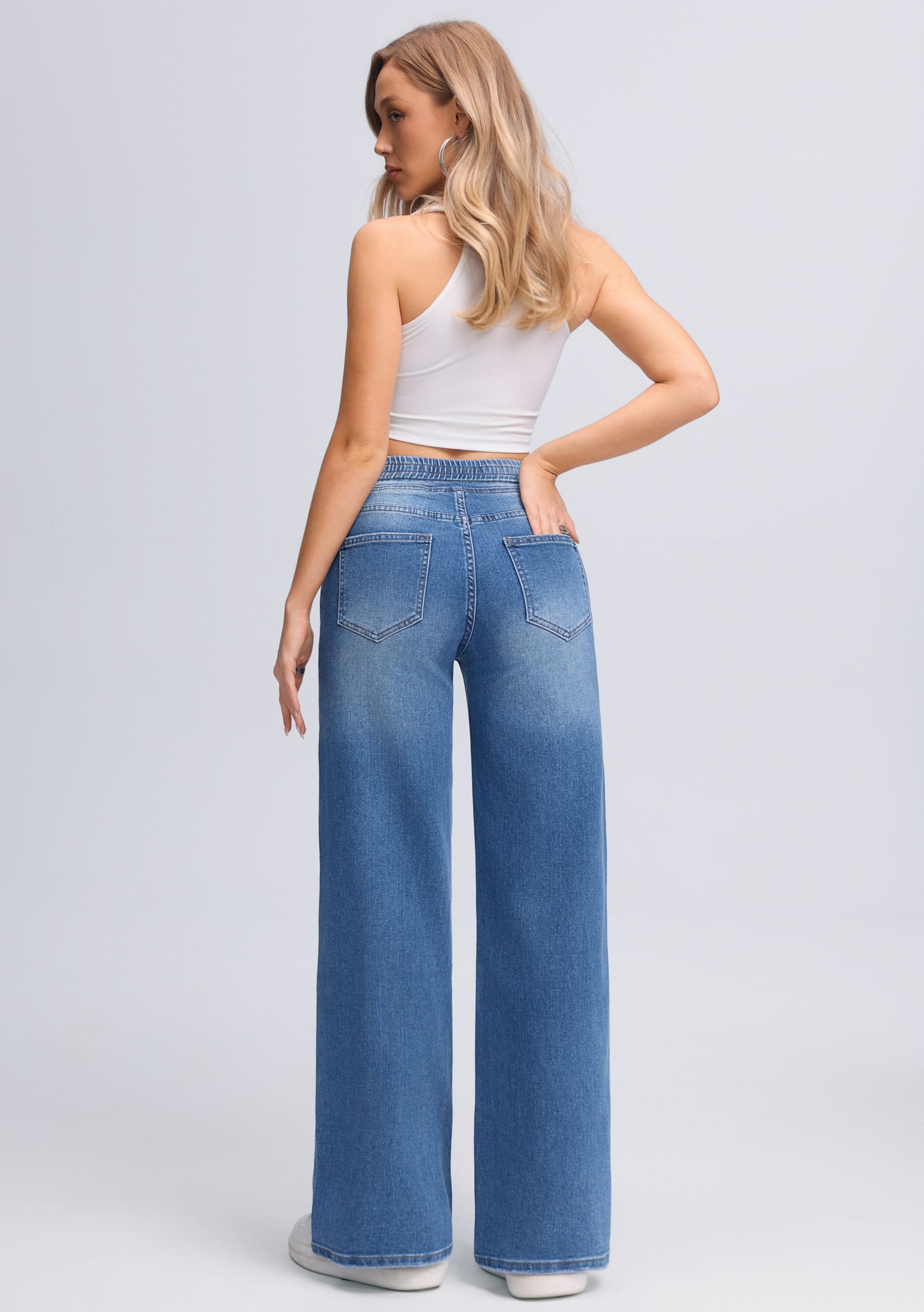 Jeans Donna Vita Elasticizzata con Coulisse Gamba Larga Denim Lavaggio Chiaro Casual Morbidi Tempo Libero