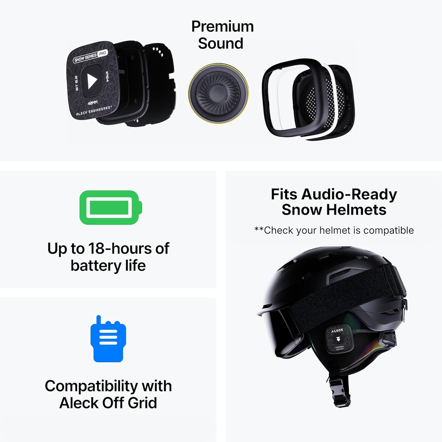 ALECK Snow Series Pro Wireless Bluetooth Ski & Snowboard Helmet Speakers, Fits Audio-Ready Helmet Ear Pockets, Glove Friendly Controls, Built-in Mic for Hands-Free Calls - Image 2