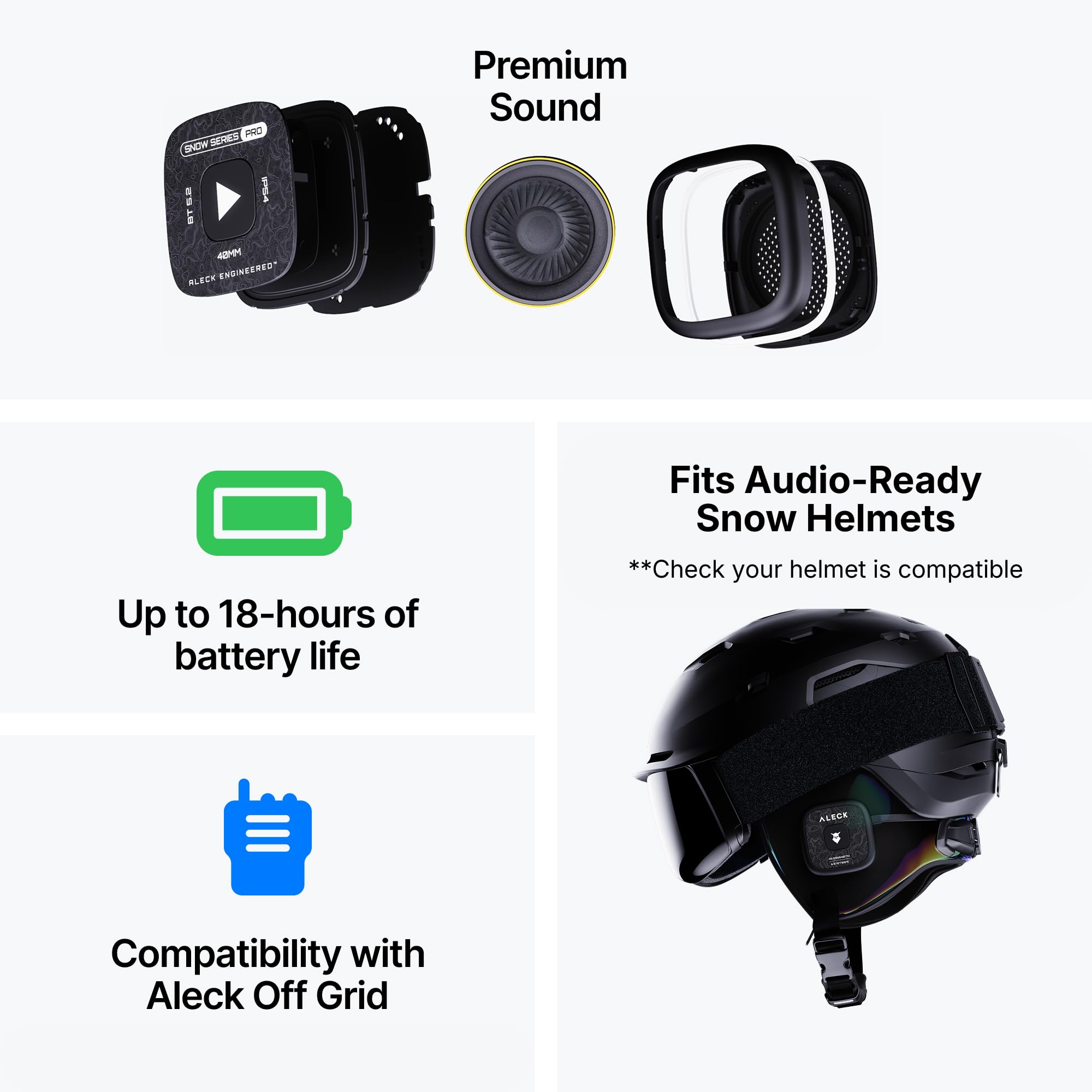 ALECK Snow Series Pro Universal Wireless Bluetooth Helm Lautsprecher Kopfhörer für Ski und Snowboard Audio Ready Helme, Handschuhfreundliche Steuerung, Mikrofon Headset für Freisprechanrufe