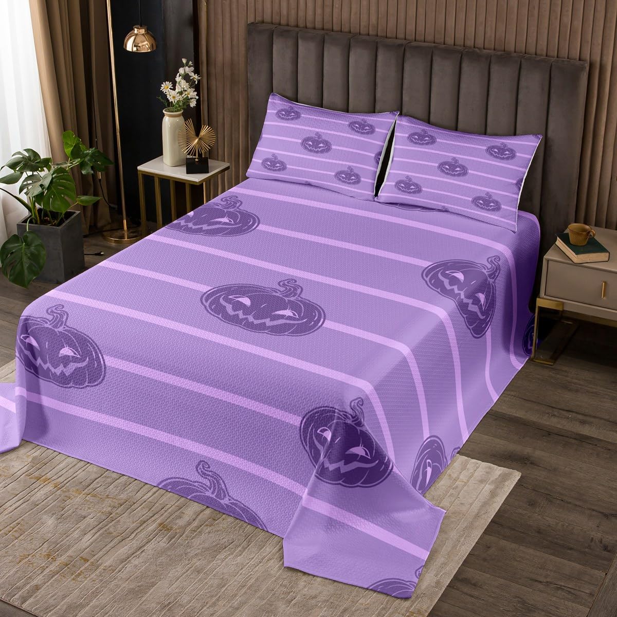 jejeloiu Halloween Theme Bedspread Queen Size Kids Cute Lovely Pumpkin Coverlet Set for Boys Girls Cartoon Kawaii Geometric Stripe Quilted Coverlet Room Decor