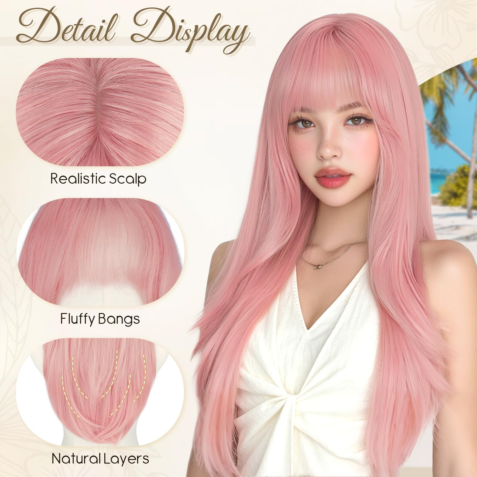 RUWISS Perruque pour Femmes Longue avec Frange, 65cm Naturelle Layered Perruques Raccord Visage Cheveux Synthétiques Naturels Résistantes pour Usage - Rose