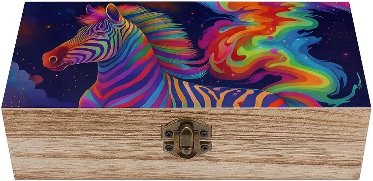 Fantasy Rainbow Galaxy Zebra Retro Wooden Storage Box Keepsake Jewelry Decorative Art Storages Box Gift Boxs