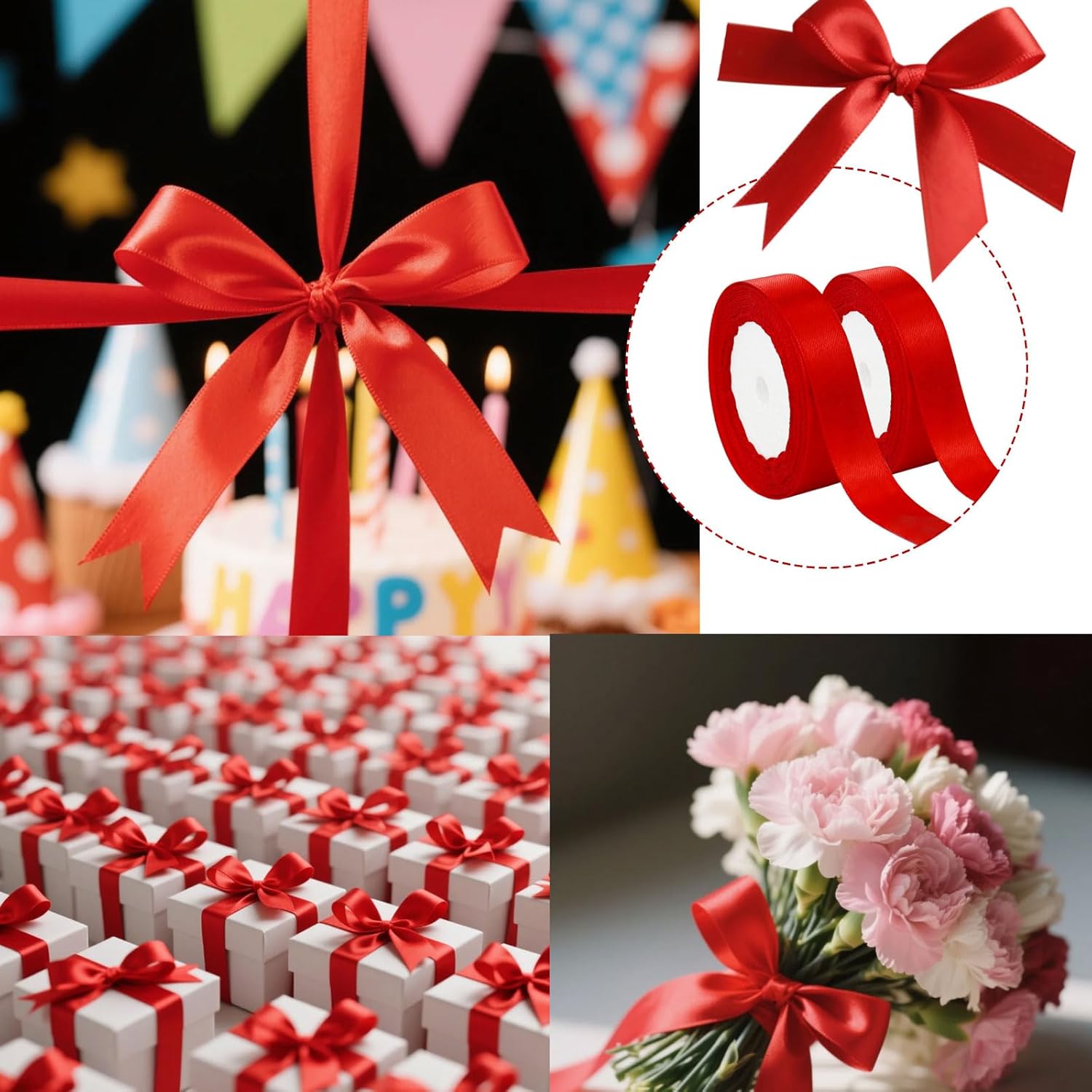 2 Rolls Satin Ribbons, 48 Yards Balloon Ribbon for Crafting, Solid Color Ribbon for Present Wrapping, Smooth Silk Ribbons for Wedding Party Decoration (Red)
