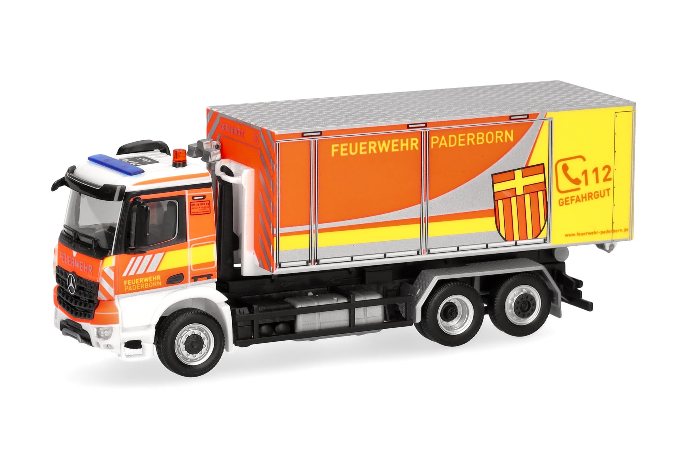 Herpa truck model Mercedes-Benz Arocs M interchangeable truck "firebrigade Paderborn", on a scale of 1:87, plastic miniature, made in Germany, model building, collectors edition