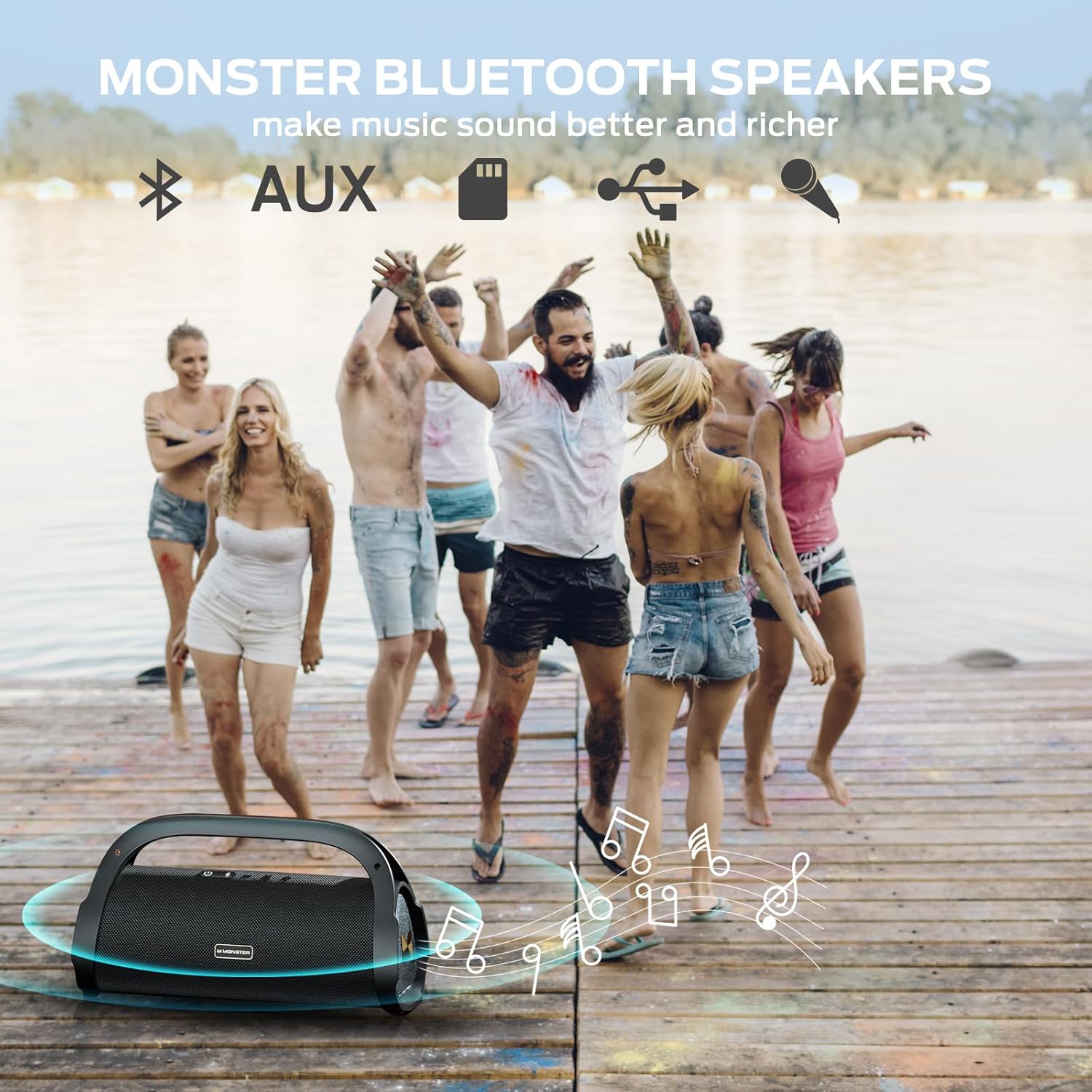 People enjoying music with the Monster Adventurer Max speaker, illustrating various playback modes