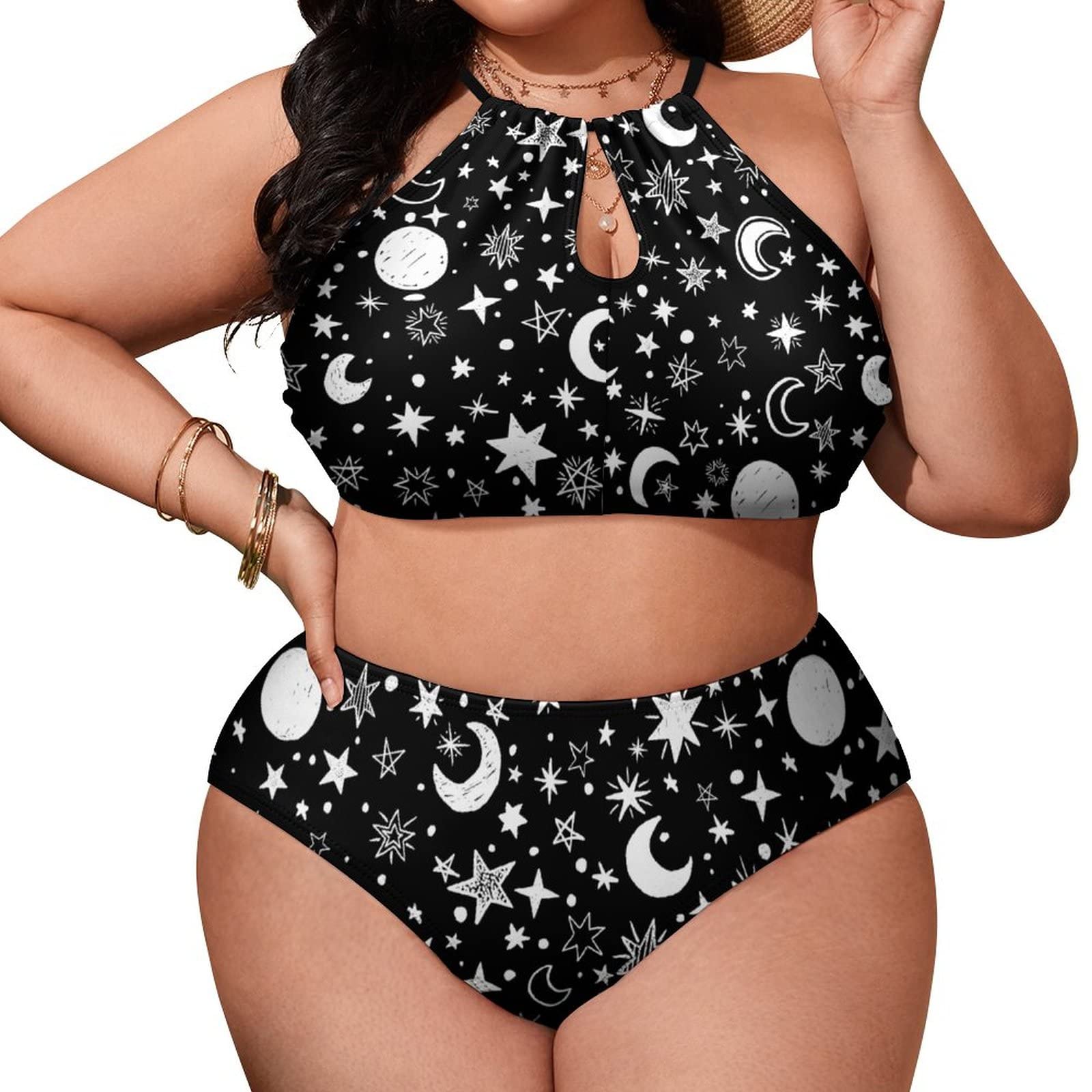 SEPTYK Black White Moon and Star Pattern Women Sexy Bikini 2 PC Plus Size Swimsuits Hollow Out High Neck Bathing Suit 2XL